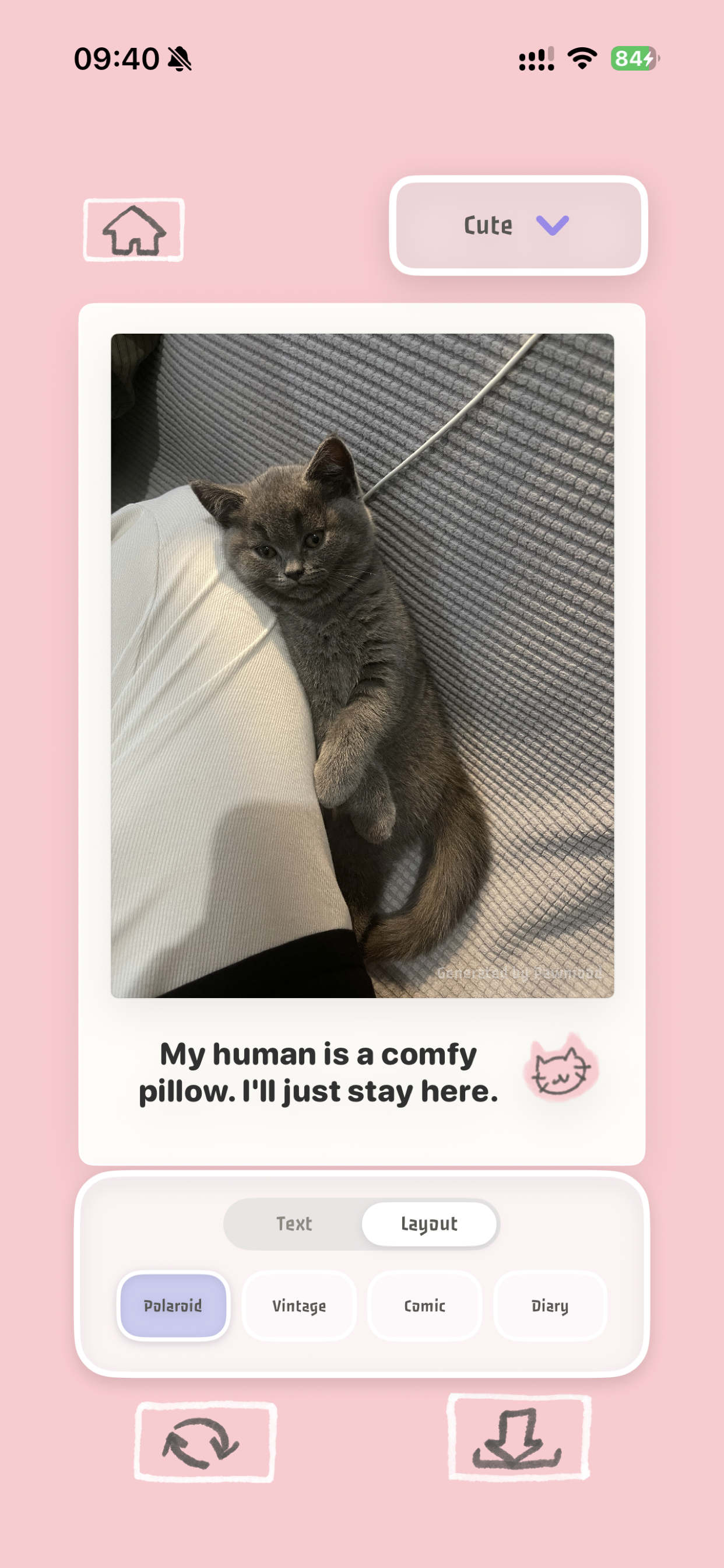 PawMood 生成结果截图，包含宠物照片和 meme 文案